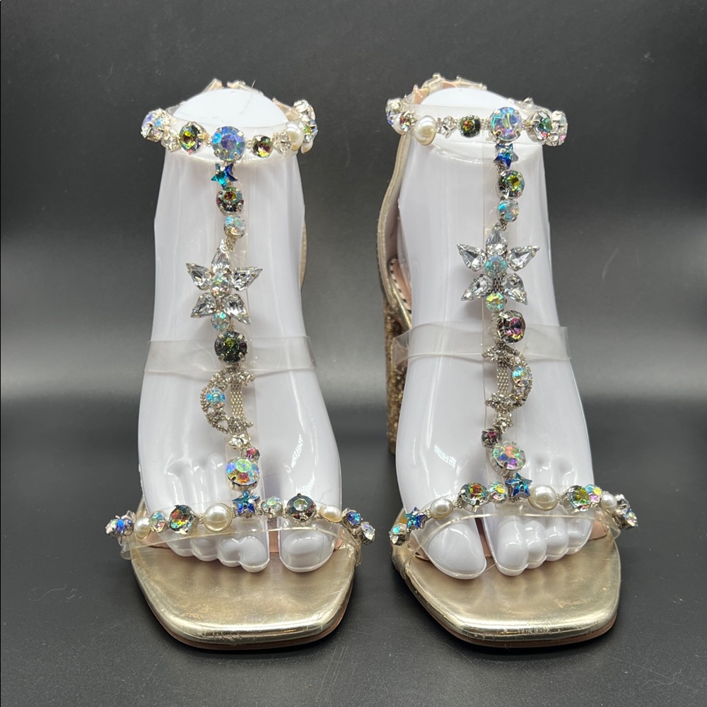 Betsey Johnson Astridd Gold Multi Rhinestone and Glitter High Heel Sandals 7.5